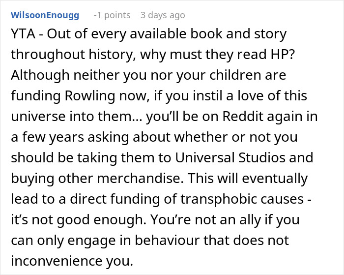 Comment discussing a family getting mad at a woman for giving her kids Harry Potter books amid accusations of bigotry and hate.