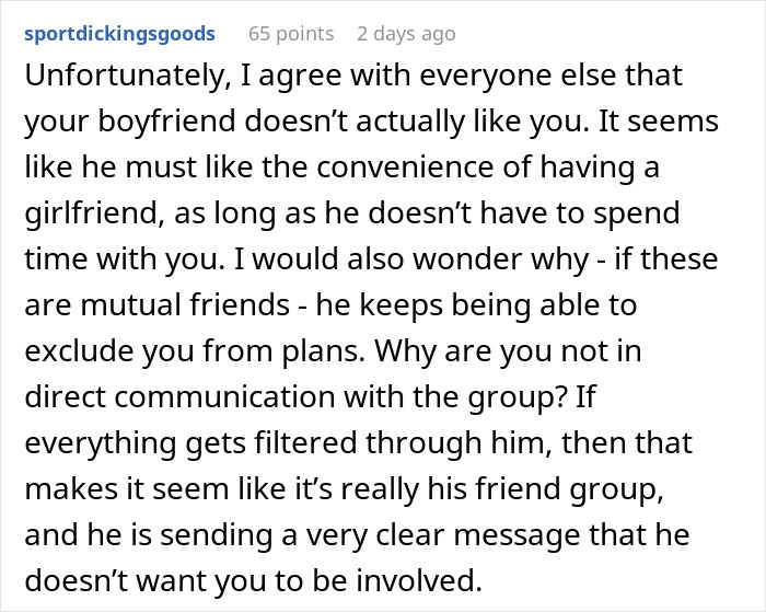 Comment discussing a woman finding out her boyfriend told friends she couldn&rsquo;t join couples trip without asking her.