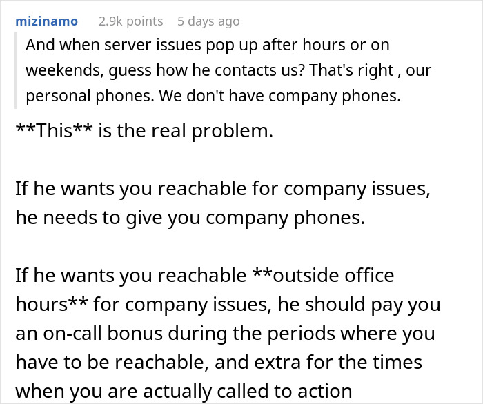 Comment discussing issues with manager bans phones during work hours and the need for company phones and on-call bonuses. Comment discussing issues with manager bans phones during work hours and the need for company phones and on-call bonuses.
