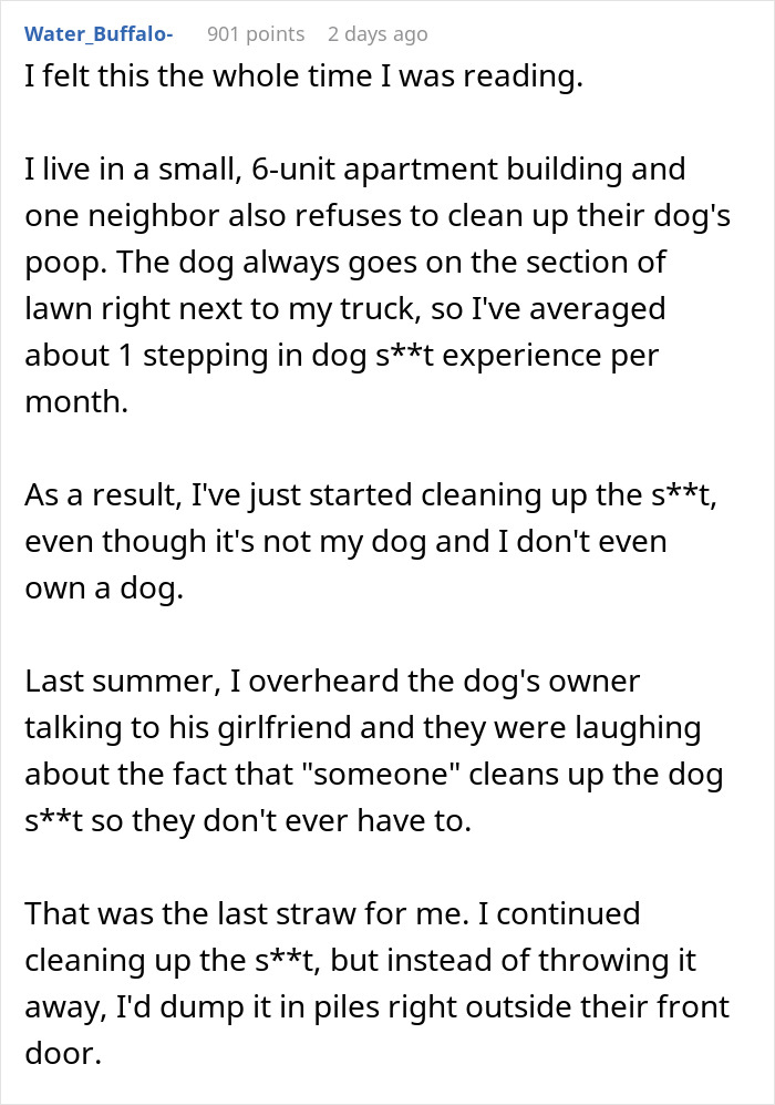 Comment text describing a man&rsquo;s petty revenge on an entitled dog owner who refuses to clean up after their dog.
