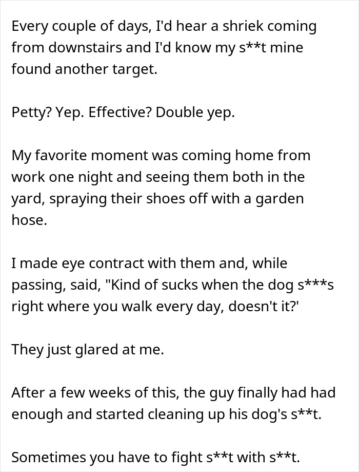 Text snippet describing a man&rsquo;s petty revenge on an entitled dog owner that effectively solves the dog waste problem.