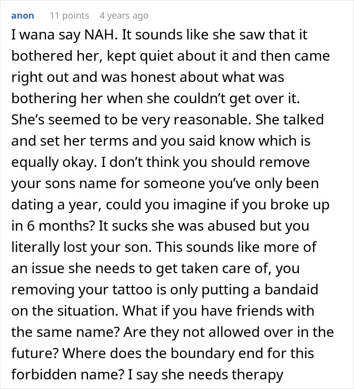 Comment discussing a guy refusing to remove a tattoo of his late son&rsquo;s name despite girlfriend saying it&rsquo;s a trigger.