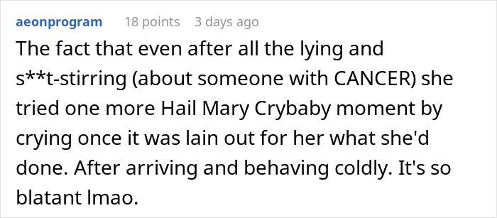 Screenshot of a Reddit comment discussing drama after a woman needs support from family following devastating news.