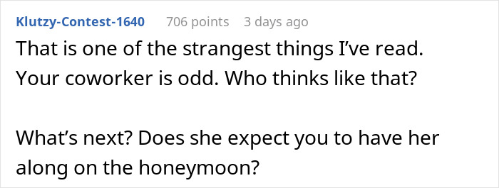 Text screenshot of a social media comment questioning the behavior of a coworker reported to HR for a wedding invite issue.