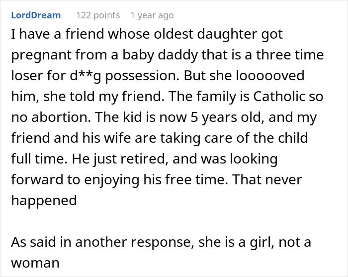 Comment text discussing a teen insisting on keeping her baby while facing lack of support from the father.