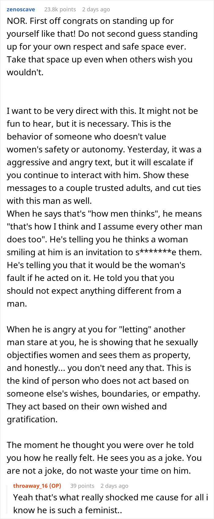 Commenter advises standing up to jealous boyfriend berating girlfriend for kindness to stranger, highlighting boundaries and respect.