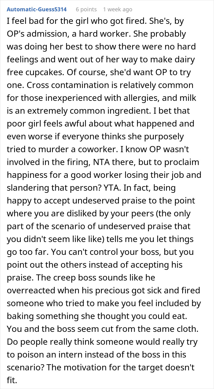 Text discussing an intern hospitalized after a coworker&rsquo;s cupcakes caused an allergic reaction and misunderstanding at work.