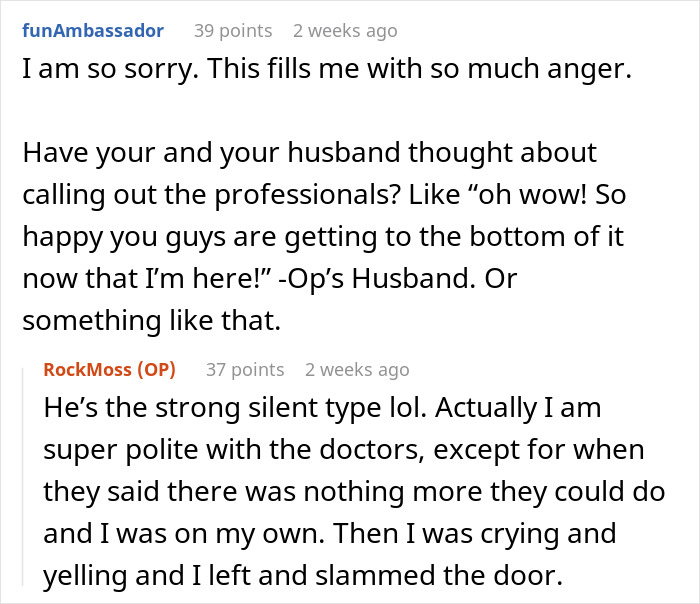 Alt text: Online forum discussing woman's chronic pain dismissed by doctors until her husband advocates for her care