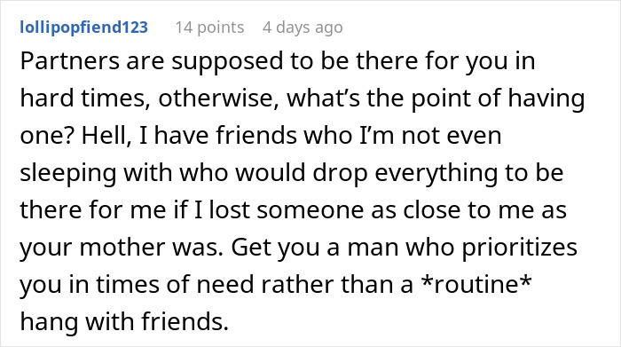 Screenshot of a comment discussing woman facing heartbreak as boyfriend&rsquo;s true character is revealed after mother&rsquo;s death.