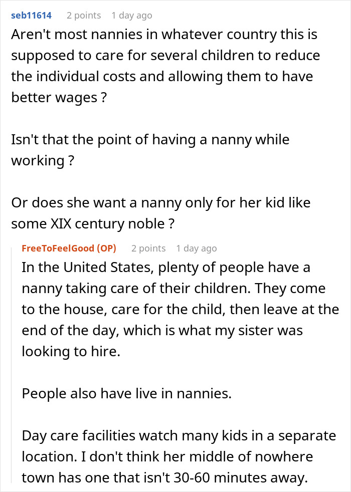 Reddit discussion about babysitters and nannies, addressing fair wages and childcare arrangements in the United States.