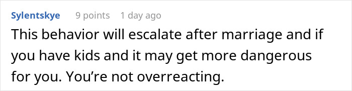 Screenshot of a Reddit comment about relationship behavior after marriage and escalating dangers when having kids.