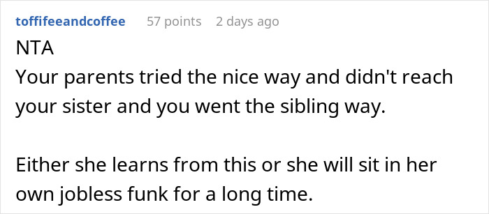 Screenshot of a Reddit comment discussing a woman blaming sexism for not landing a job and her sister&rsquo;s reality check.
