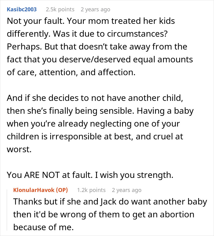 Comments from a discussion about a pregnant lady and her son feeling neglected, highlighting family tensions and emotions.