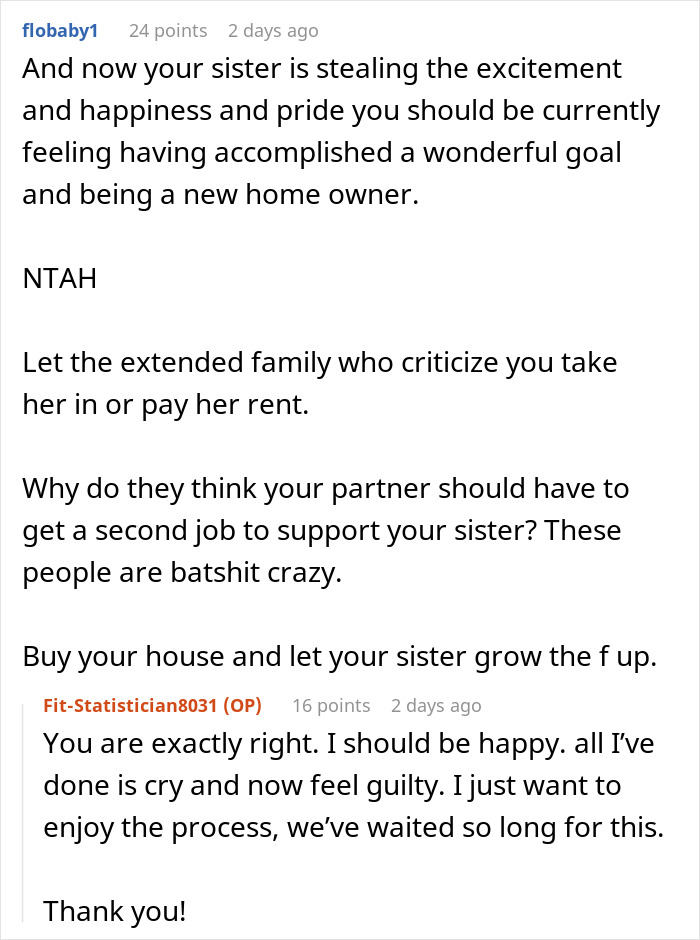 Reddit comments discussing family demands for money and one woman feeling guilt over supporting her sister more than herself.