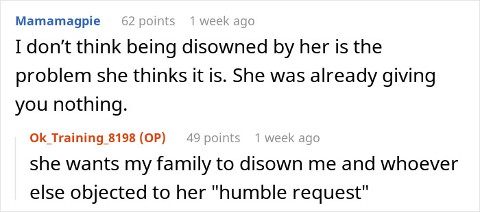 Screenshot of an online discussion about an aunt ignoring her nephew until he gets a job and funding education demands.