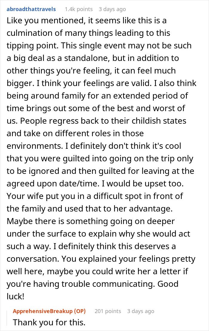Reddit comment discussing wife humiliating husband by unleashing years of resentment on an unwanted trip with family.