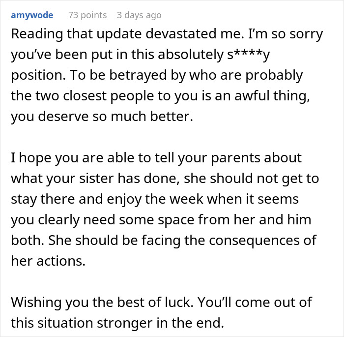 Comment expressing sympathy for bride&rsquo;s world crumbling after twin sister and fianc&eacute;&rsquo;s secret betrayal revealed.