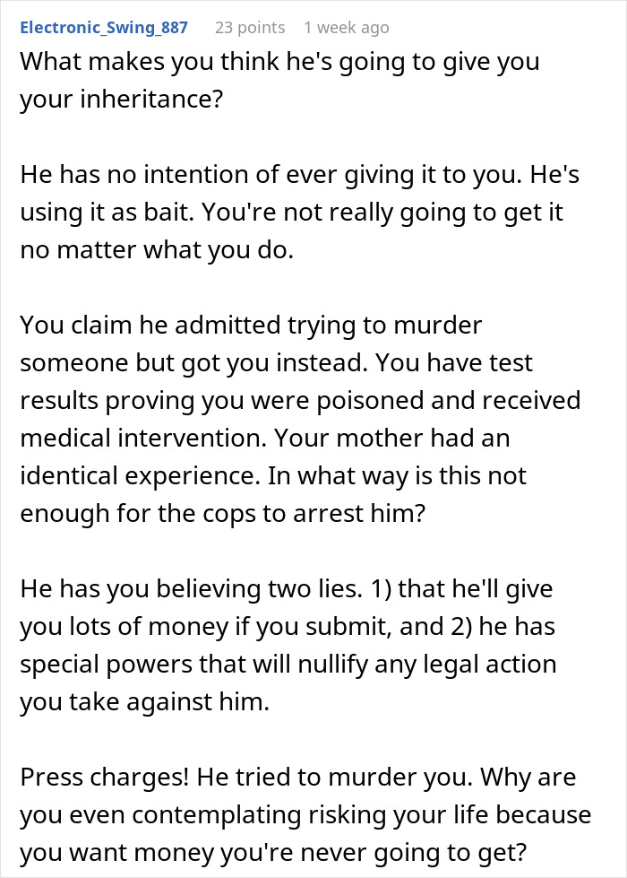 Reddit comment discussing man getting sick after eating food touched by his dad, questioning if it&rsquo;s intentional harm.