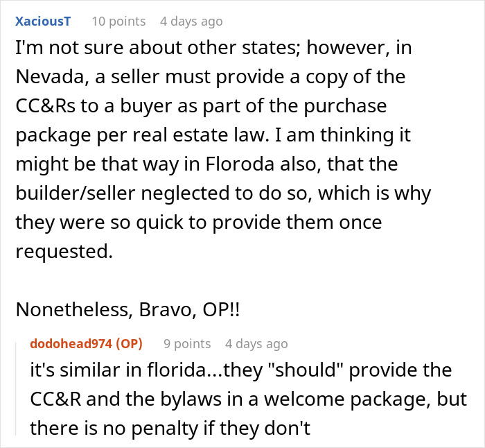 Reddit conversation about seller disclosure and CC&Rs in real estate involving HOA follow ups and legal requirements.