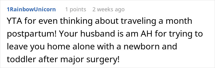 Screenshot of an online comment criticizing a man for asking his wife&rsquo;s permission to travel alone after her scheduled C-section.
