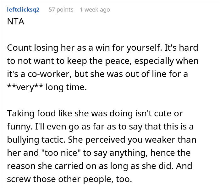 Screenshot of a Reddit comment discussing a woman frustrated with her coworker helping herself to her food at work.