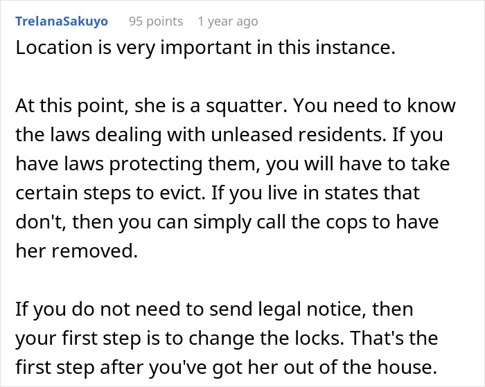 Text excerpt discussing legal eviction steps for a hoarder MIL squatting in couple&rsquo;s inherited home.