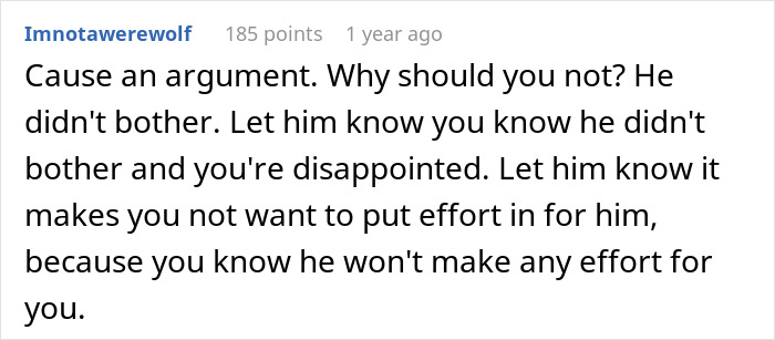 Screenshot of a Reddit comment discussing emotional reactions after a husband’s birthday surprise causes marriage strain. - 22