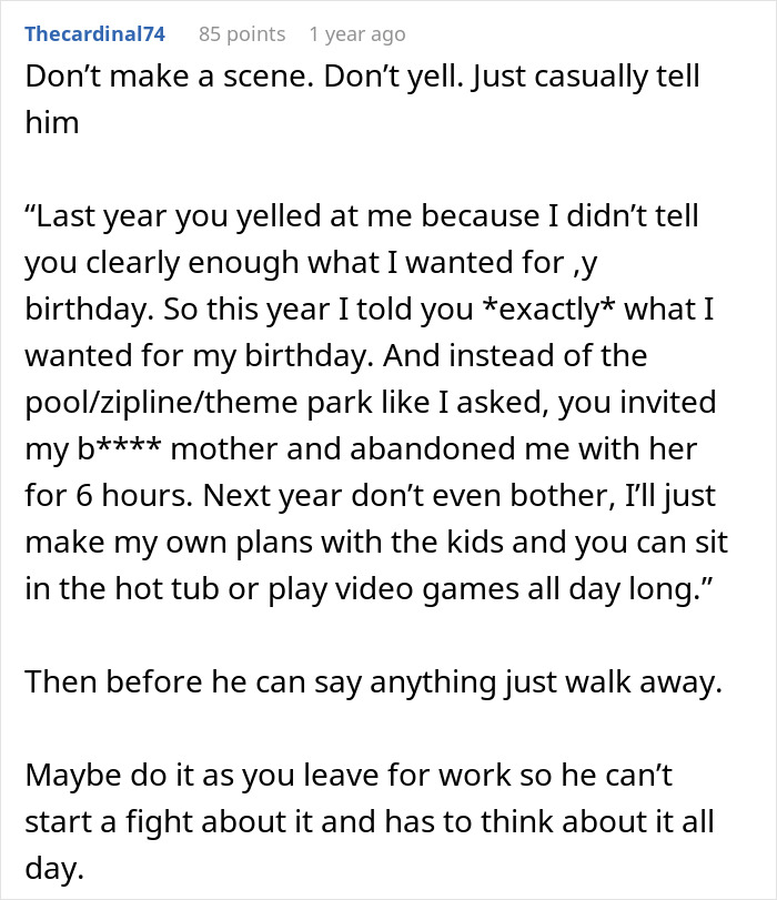 Comment text discussing a husband’s birthday surprise that caused marriage difficulties and led to therapy after many years. - 25