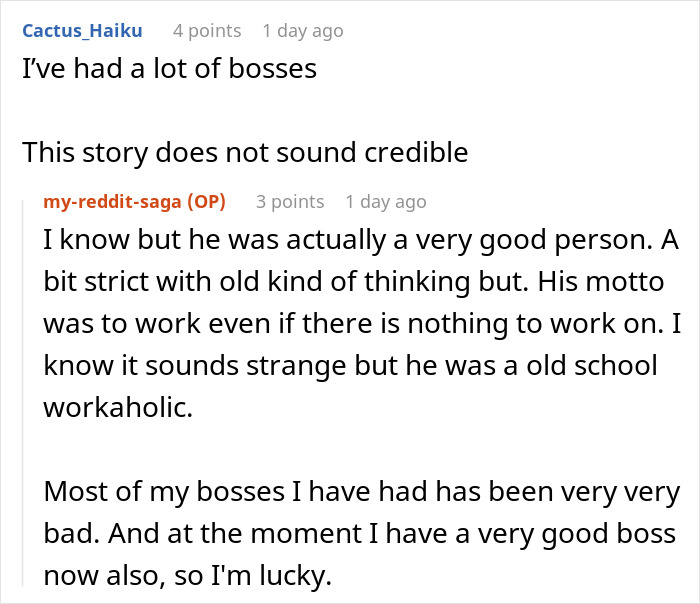 Reddit conversation discussing bosses and flexible hours, focusing on a strict old-school workaholic manager. Reddit conversation discussing bosses and flexible hours, focusing on a strict old-school workaholic manager.