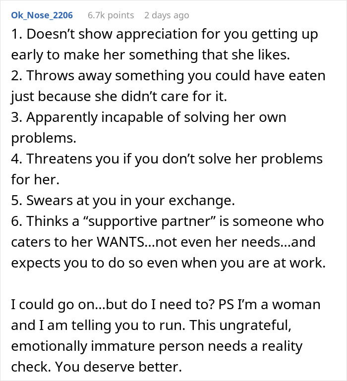 Reddit comment listing reasons why a woman is angry after her boyfriend dumped her for throwing away his homemade dinner.