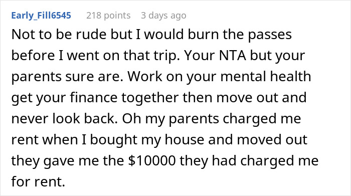 Comment advice on woman refusing Christmas gift trip if siblings pay for her flight, discussing family finances and mental health.