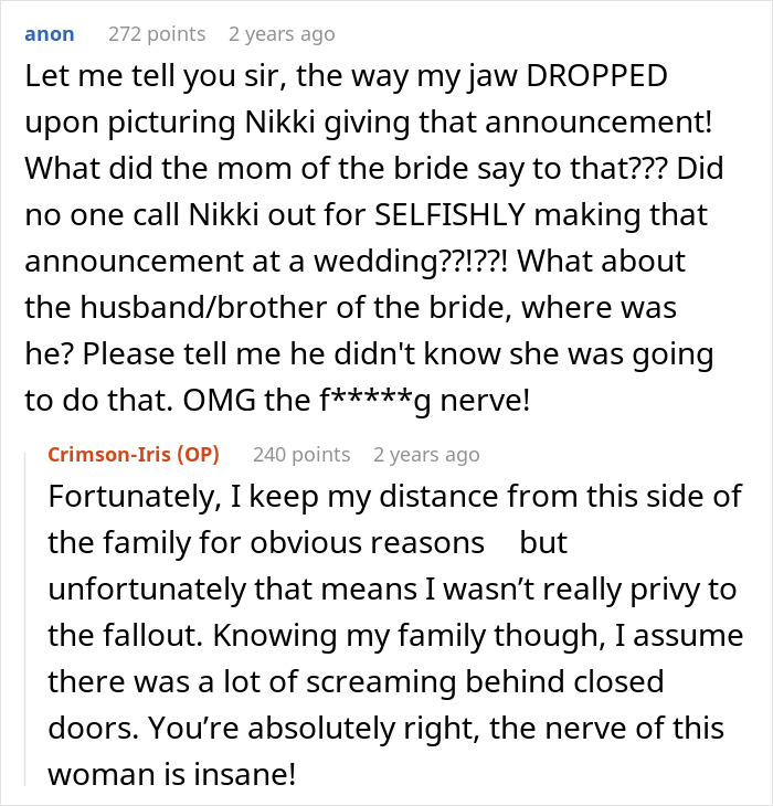 Screenshot of a heated online discussion where family treats wedding as a convenient time to celebrate others&rsquo; occasions.