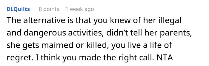 Screenshot of a Reddit comment discussing the consequences of knowing about a friend&rsquo;s illegal and dangerous activities.