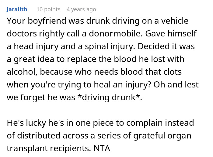 Comment discussing a boyfriend's tantrum after injury and girlfriend leaving on vacation despite his reckless behavior.