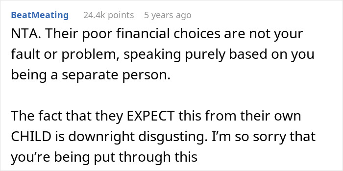 Comment discussing a woman refusing to hand over her entire savings to parents who claim it&rsquo;s rightfully theirs.