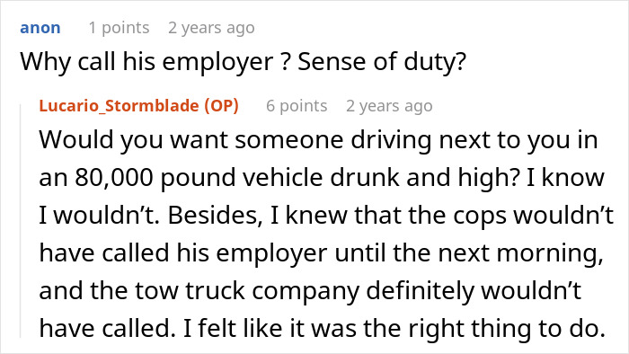 Screenshot of a Reddit comment thread discussing a guy parked illegally and drunk in a work truck risking unemployment.