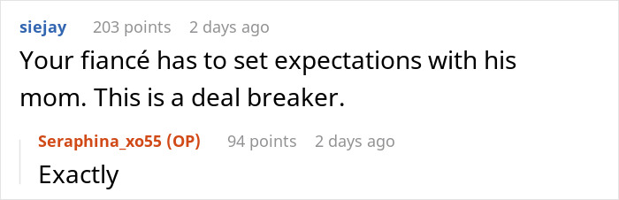Conversation snippet discussing fiancé setting expectations with his mother as a deal breaker in free salon service marriage context. Conversation snippet discussing fiancé setting expectations with his mother as a deal breaker in free salon service marriage context.