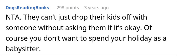 Text conversation screenshot showing a comment about not wanting to be a babysitter on vacation, highlighting childfree woman escape.