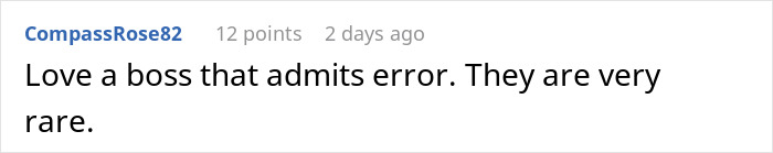 Comment on a forum post praising a boss who admits mistakes, relating to issues with banning flexible hours policies. Comment on a forum post praising a boss who admits mistakes, relating to issues with banning flexible hours policies.