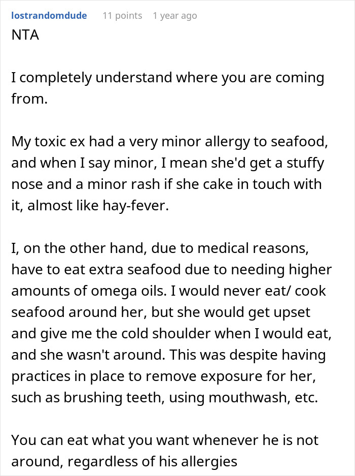 Comment explaining frustration about girlfriend buying peanut butter cake at work knowing he can&rsquo;t eat it.