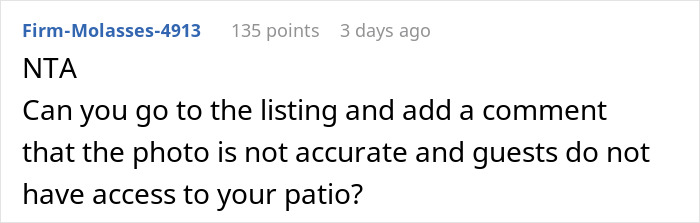 Screenshot of a Reddit comment discussing a neighbor refusing tourists access to a patio in an Airbnb dispute.