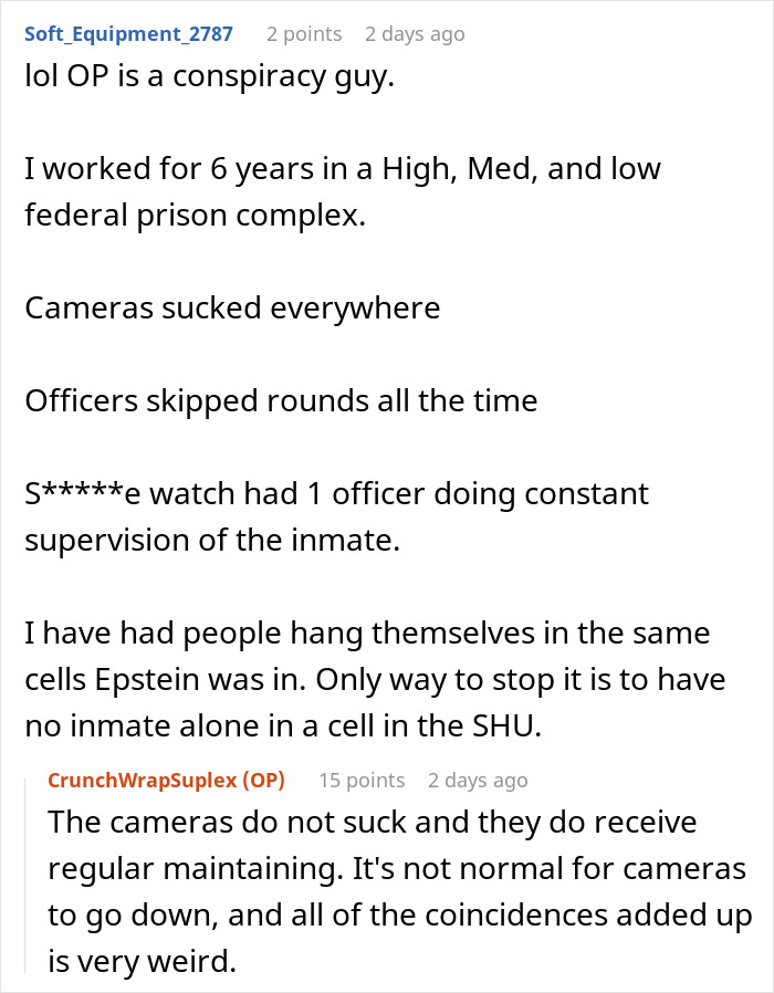 Prison officer shares experience questioning official story on Epstein&rsquo;s death and inmate supervision in federal prisons.