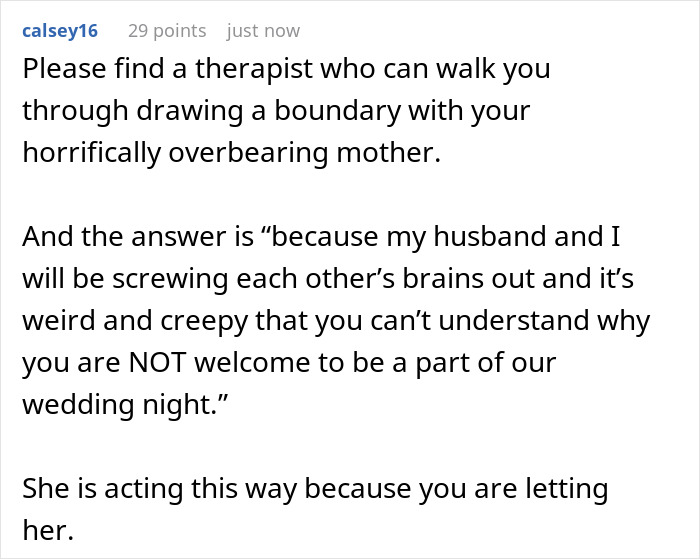 Text post discussing setting boundaries with an overbearing mother during the wedding night and honeymoon suite. Text post discussing setting boundaries with an overbearing mother during the wedding night and honeymoon suite.