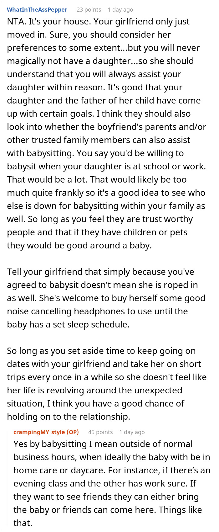 Reddit discussion about a caring dad letting pregnant daughter move back home with girlfriend laying down ultimatum.
