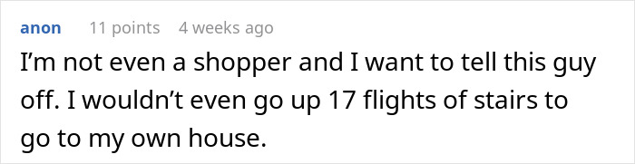 Comment expressing refusal to carry water up 17 flights of stairs, relating to Instacart shopper tip demands.