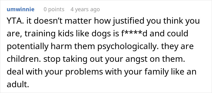 Screenshot of a Reddit comment criticizing someone for training kids like dogs and urging mature family conflict resolution. Screenshot of a Reddit comment criticizing someone for training kids like dogs and urging mature family conflict resolution.