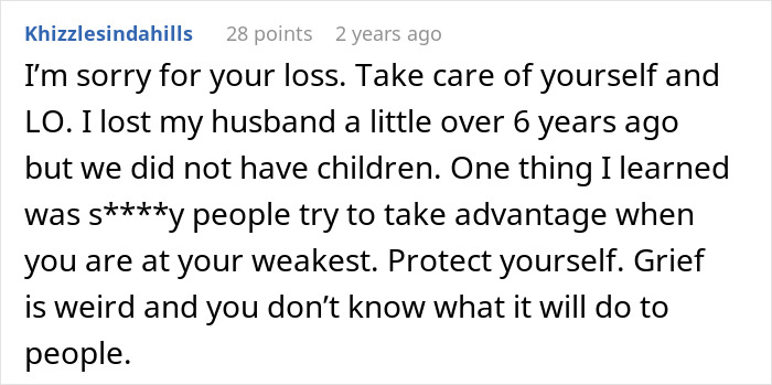 User comment expressing sympathy and advice about protecting oneself from mother-in-law hostility after losing husband. - 36