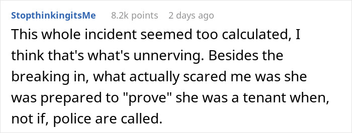 Alt text: Screenshot of a Reddit comment discussing a friend breaking into a house and planting belongings to prove residency.