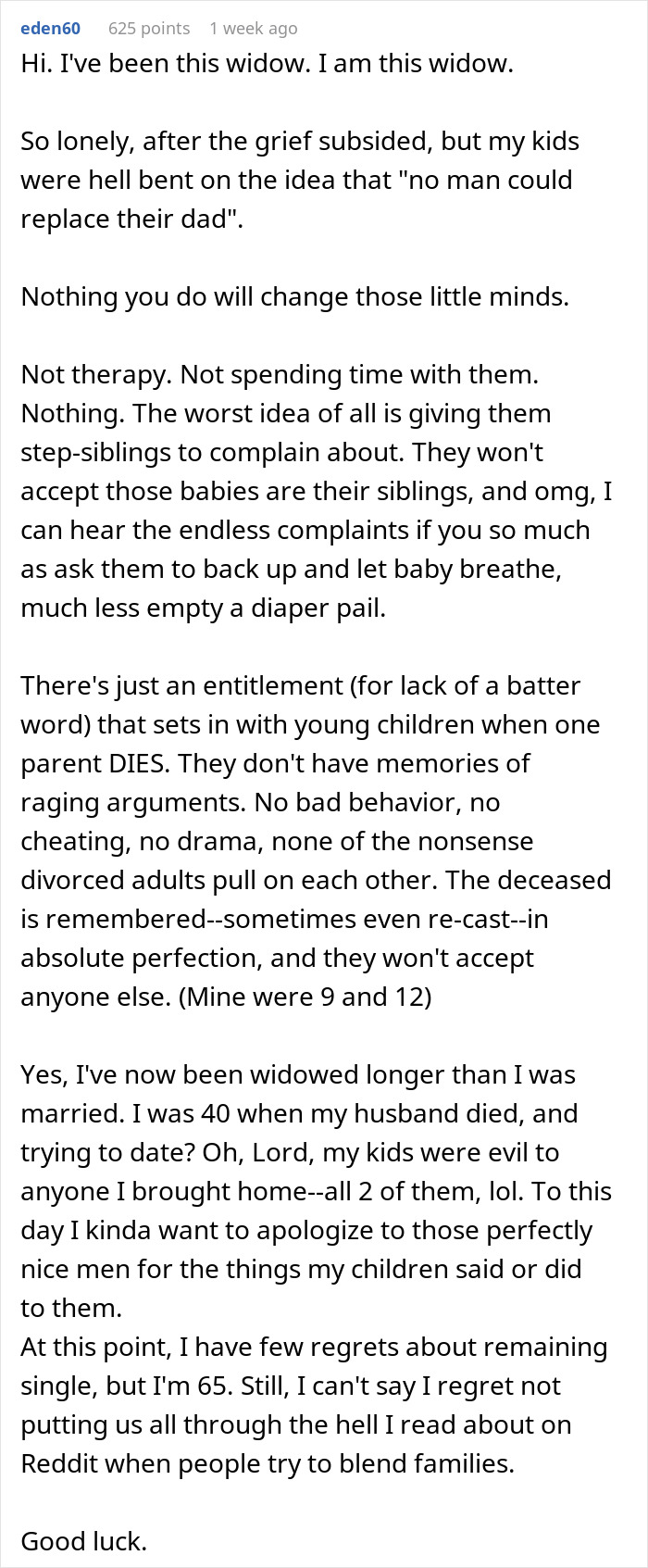Comment text describing a man trying to win over fiancee&rsquo;s kids for years but ultimately giving up on blending families.