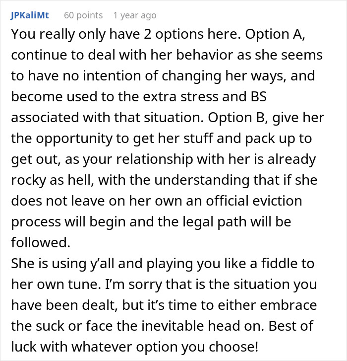 Comment advising on legal eviction options as hoarder MIL squats in couple&rsquo;s inherited home, causing stress and conflict.